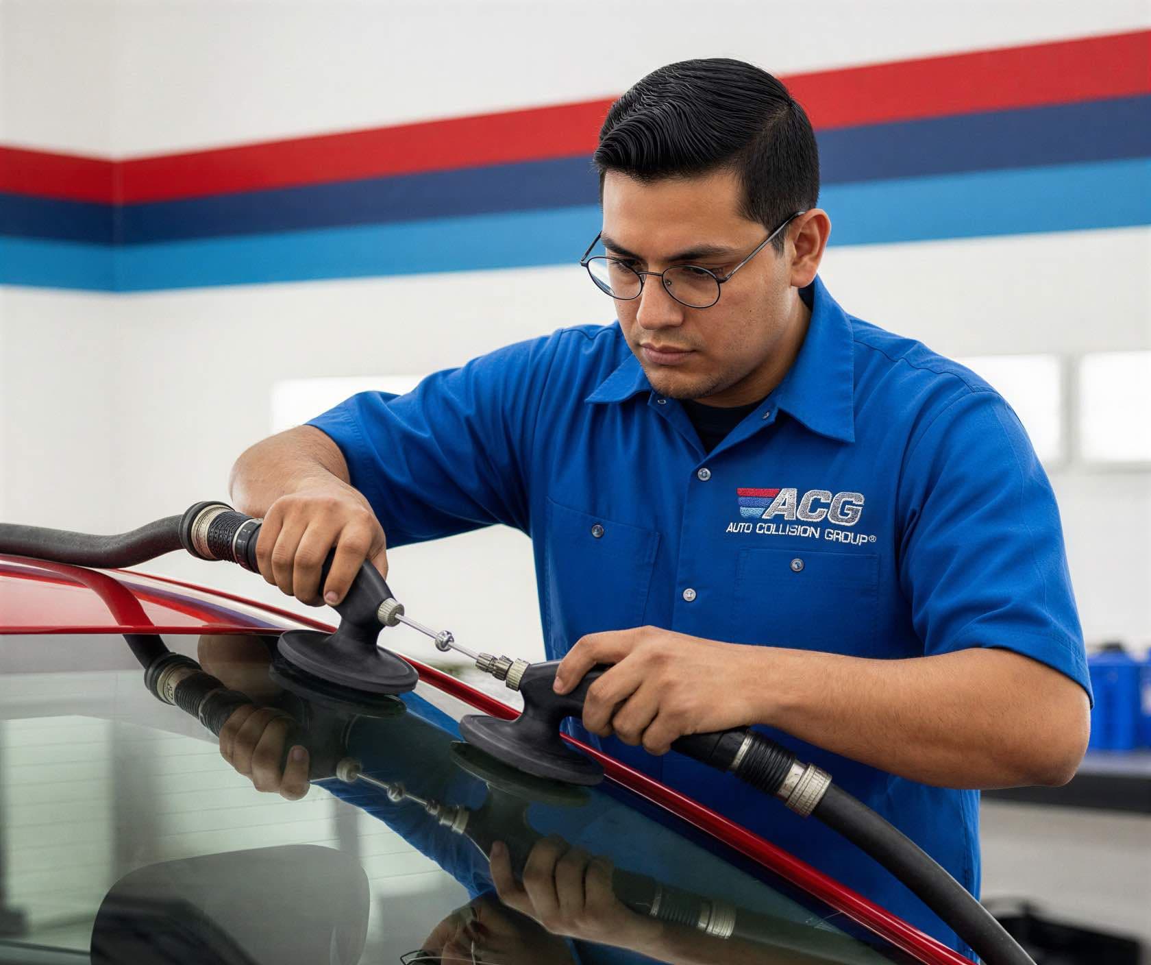 Certified technician performing auto glass and windshield replacement at Auto Collision Group Bakersfield 2