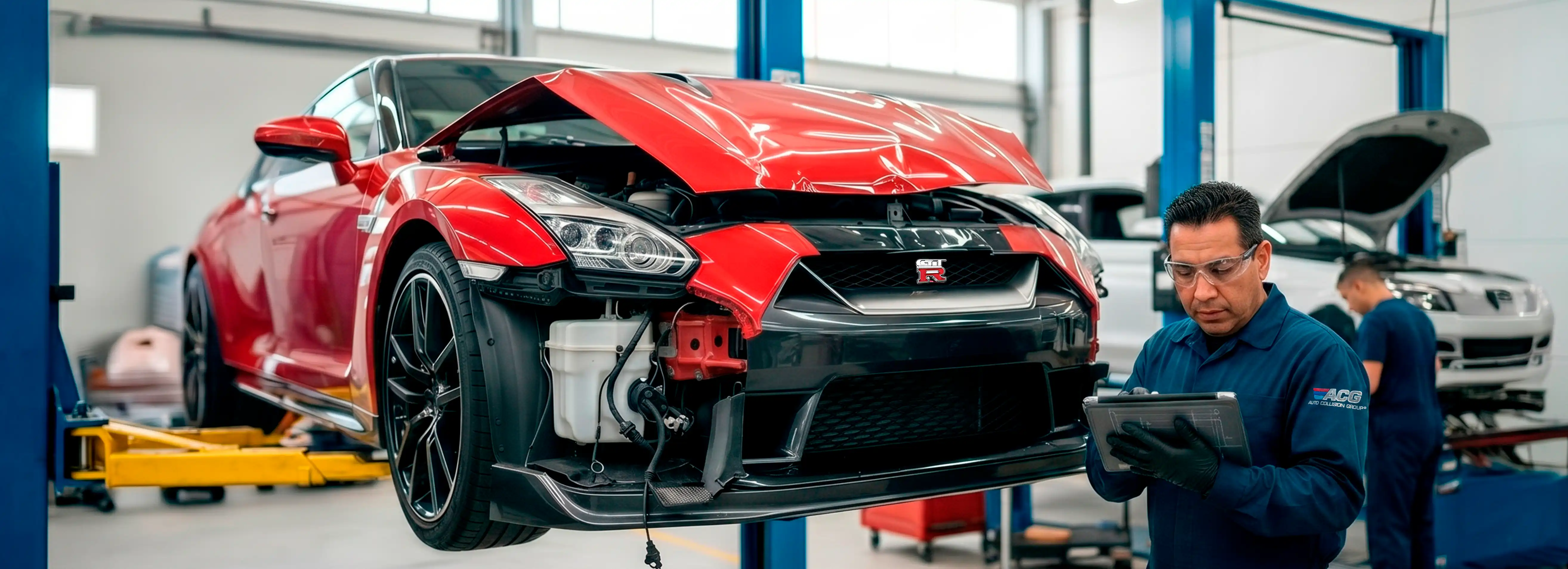 Technician working on car