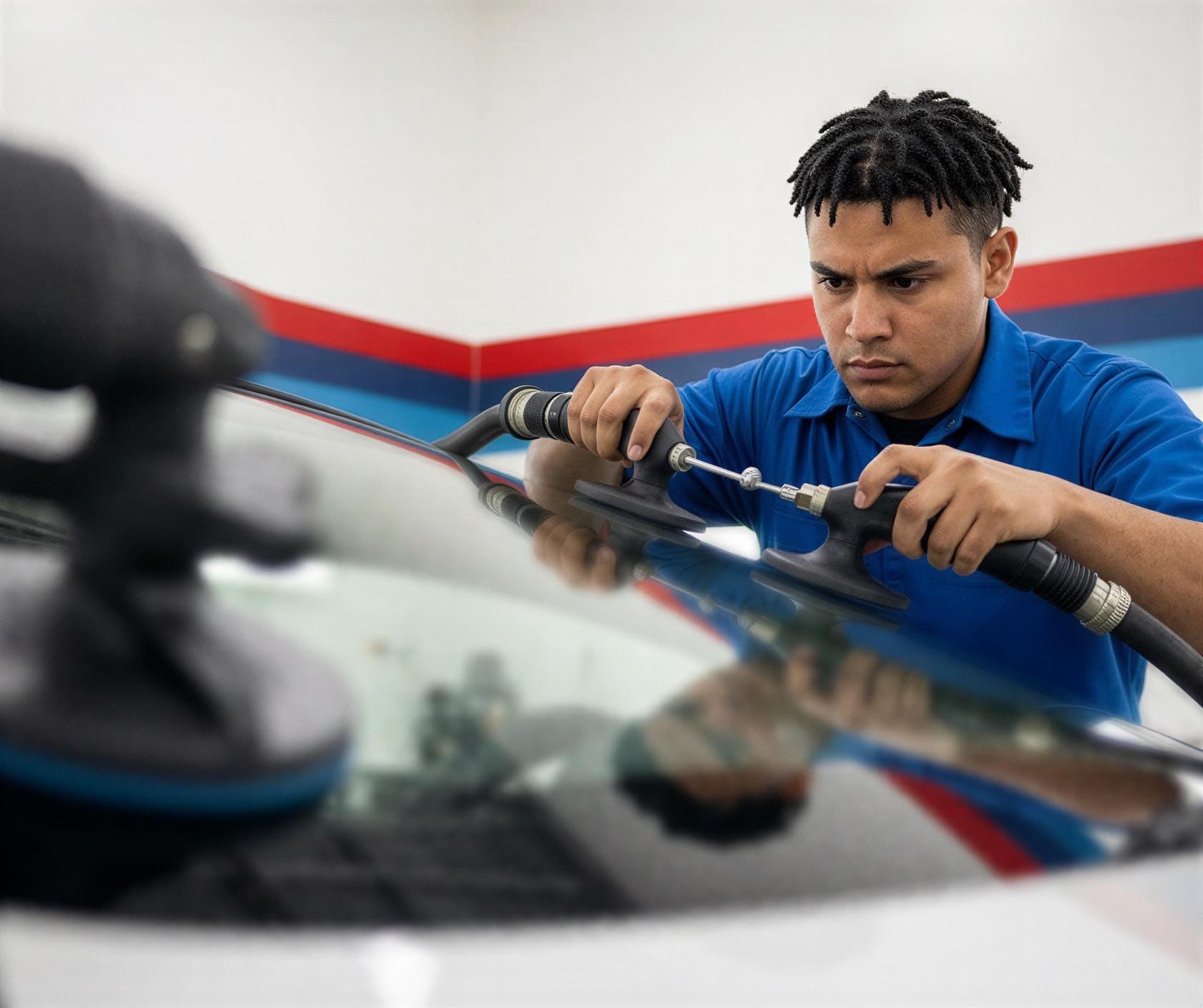 Certified technician performing auto glass and windshield replacement at Auto Collision Group Gardena