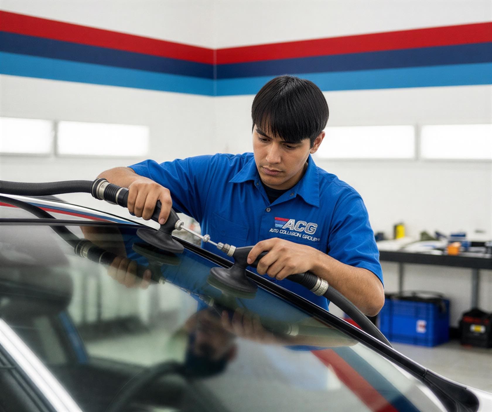 Certified technician performing auto glass and windshield replacement at Auto Collision Group Los Angeles