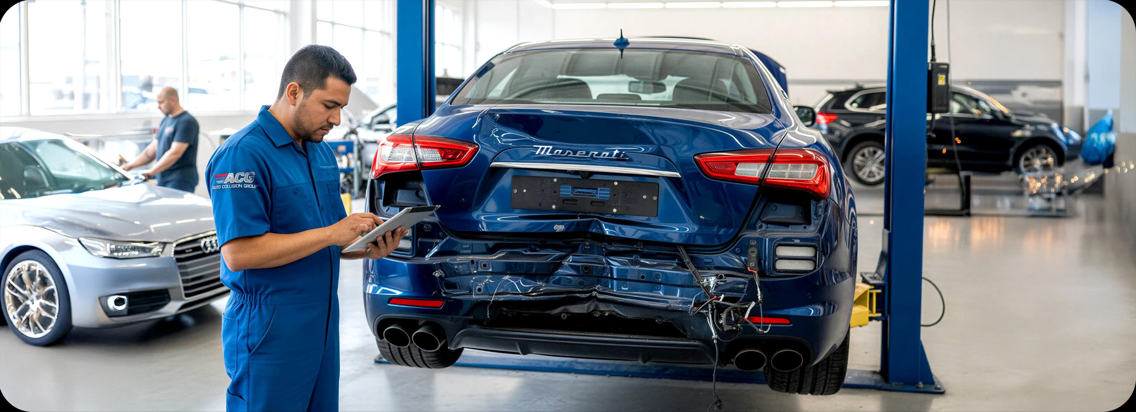 Certified auto body technician performing collision repair at Auto Collision Group Ontario
