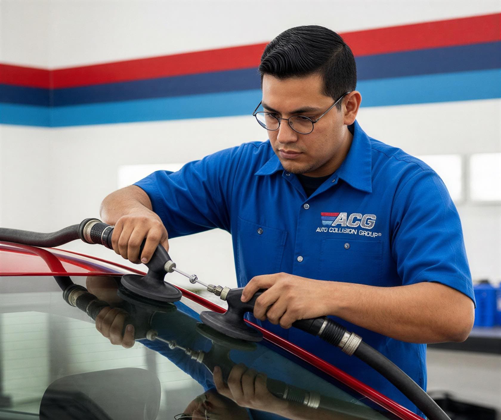 Certified technician performing auto glass and windshield replacement at Auto Collision Group Ontario