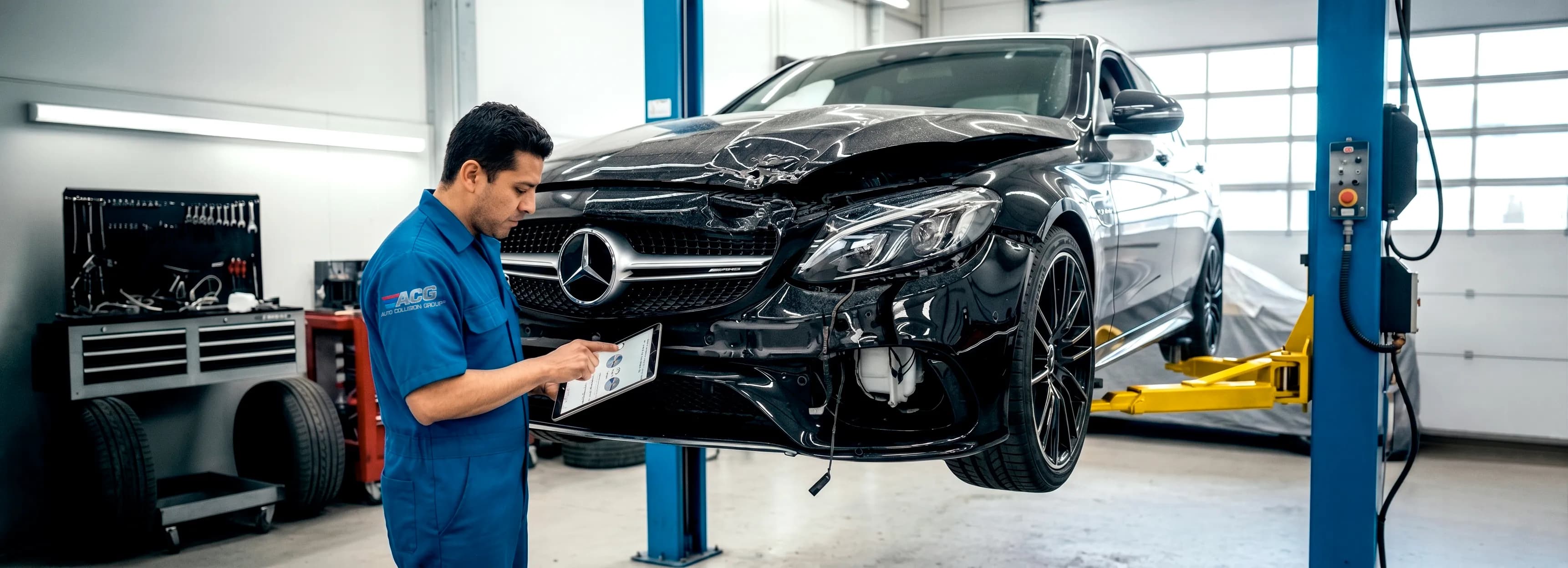 Technician working on car