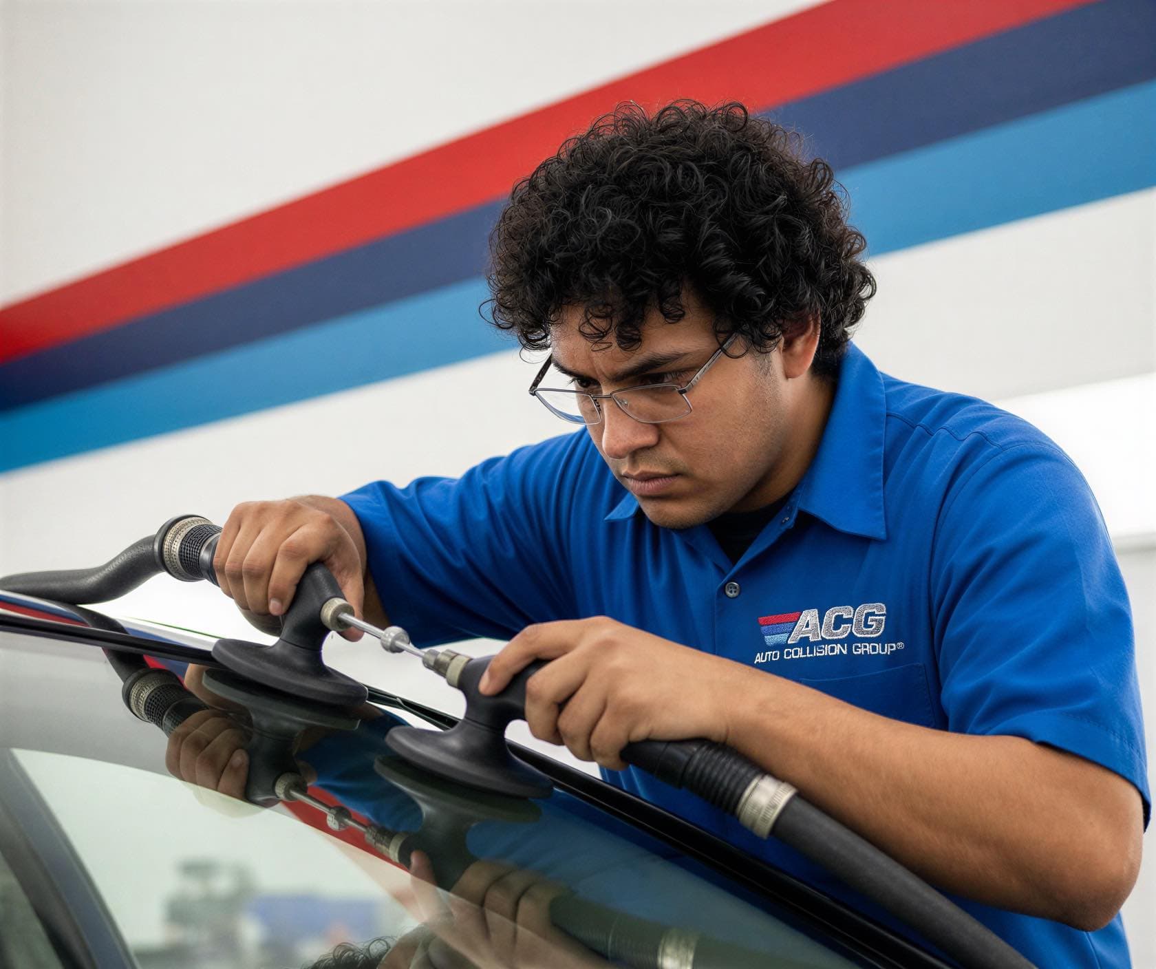 Certified technician performing auto glass and windshield replacement at Auto Collision Group Santa Ana
