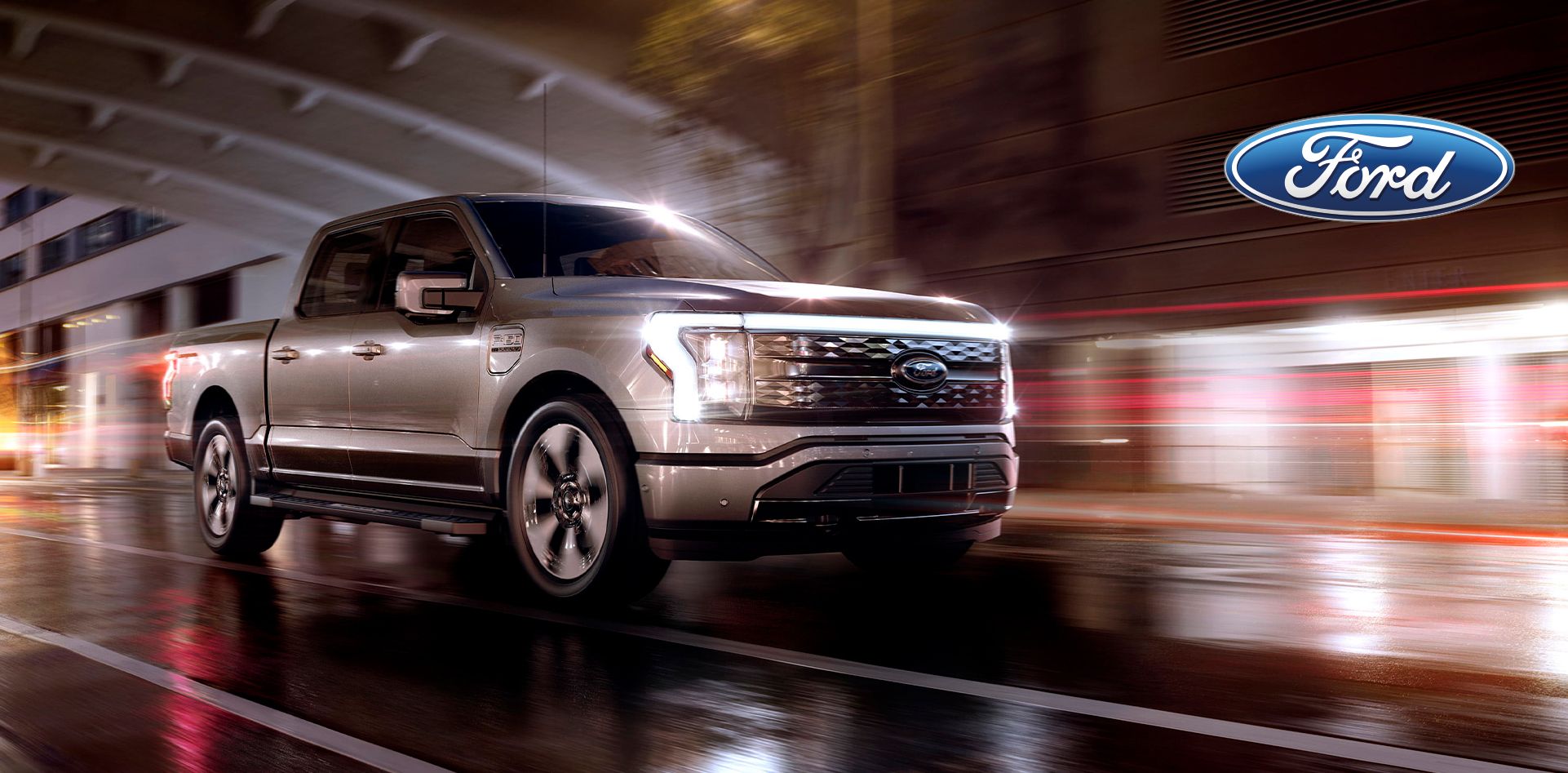 Ford truck driving at night
