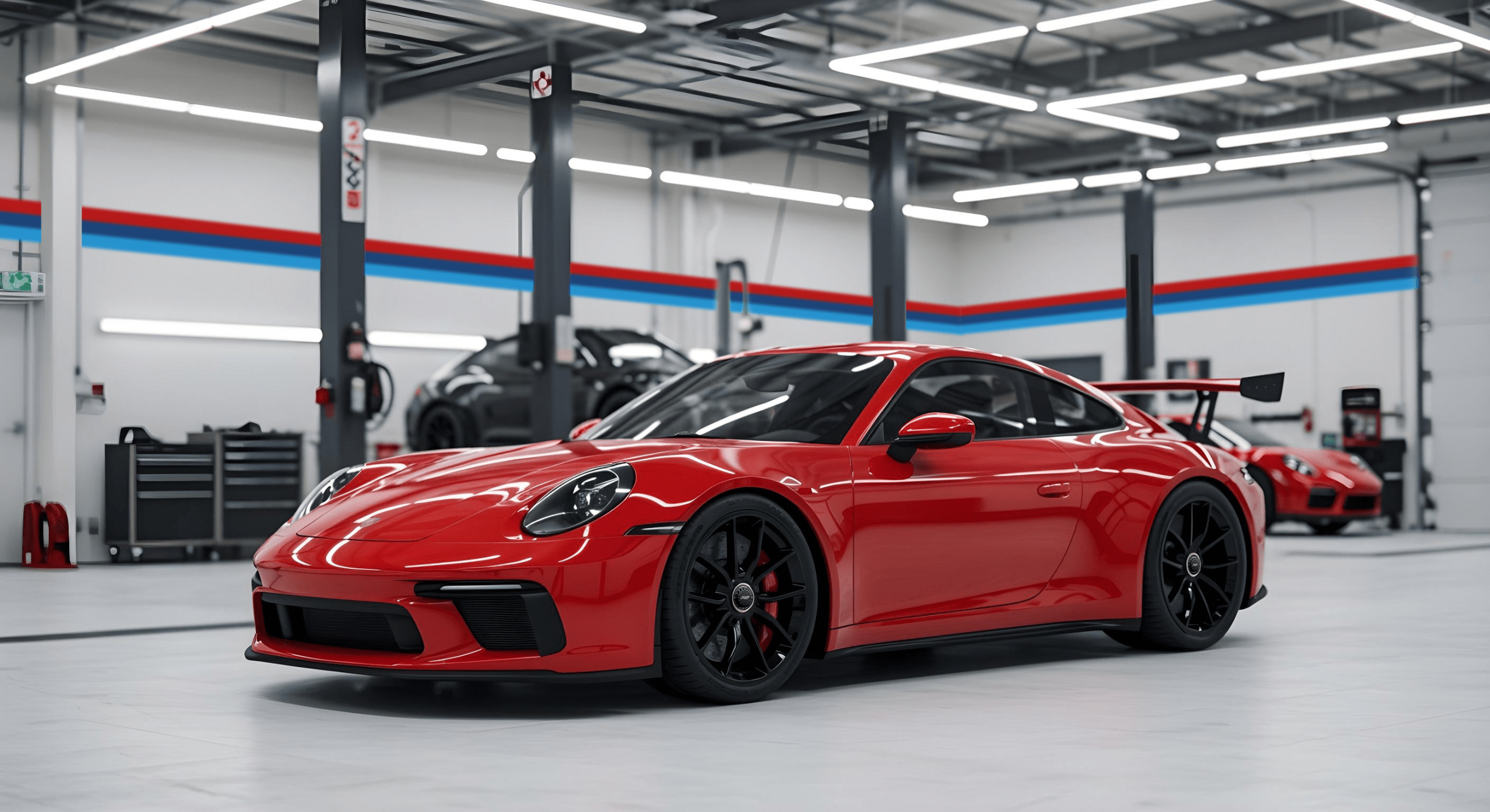 Red sports car in workshop