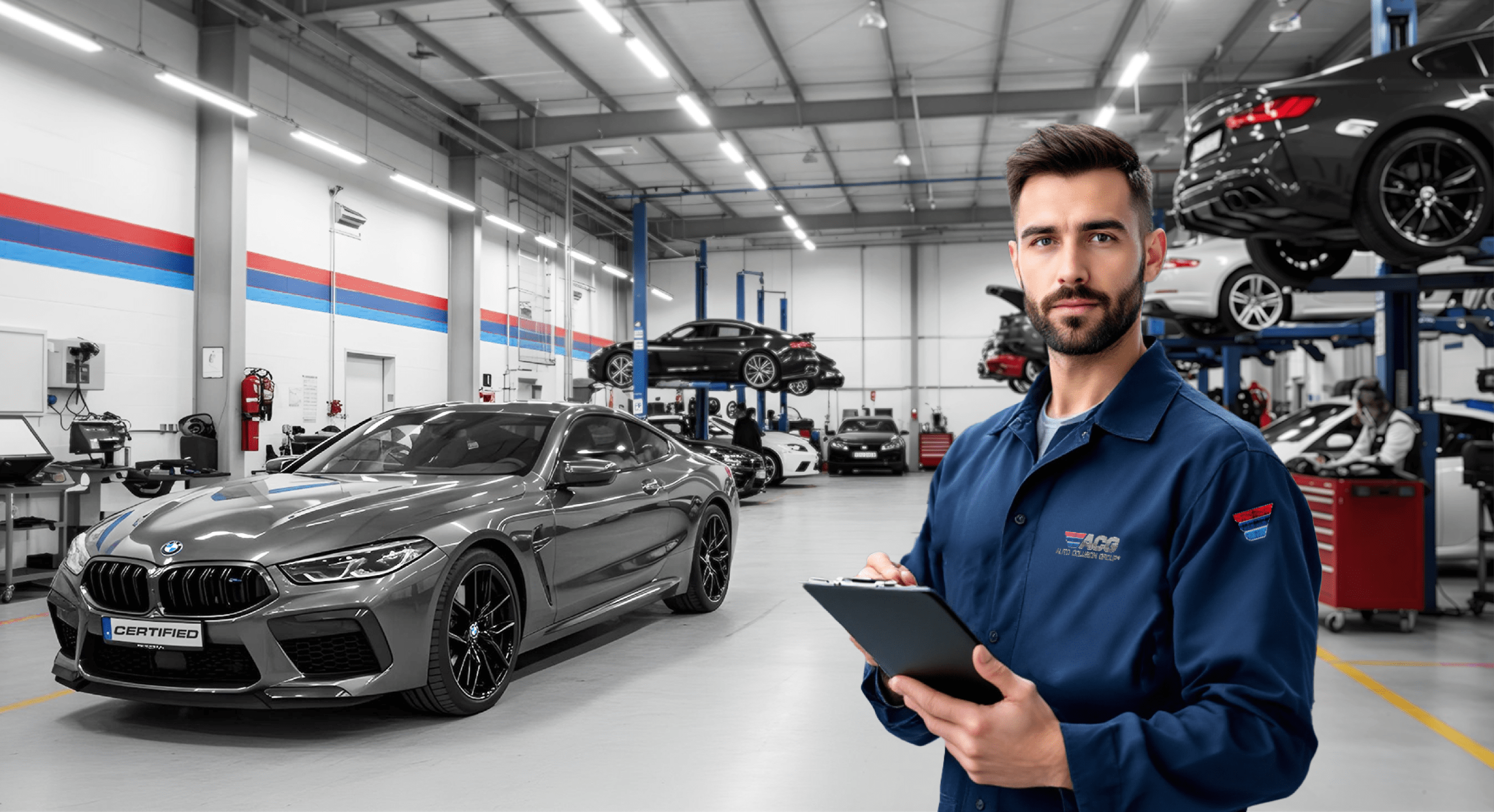 Auto service technician with clipboard