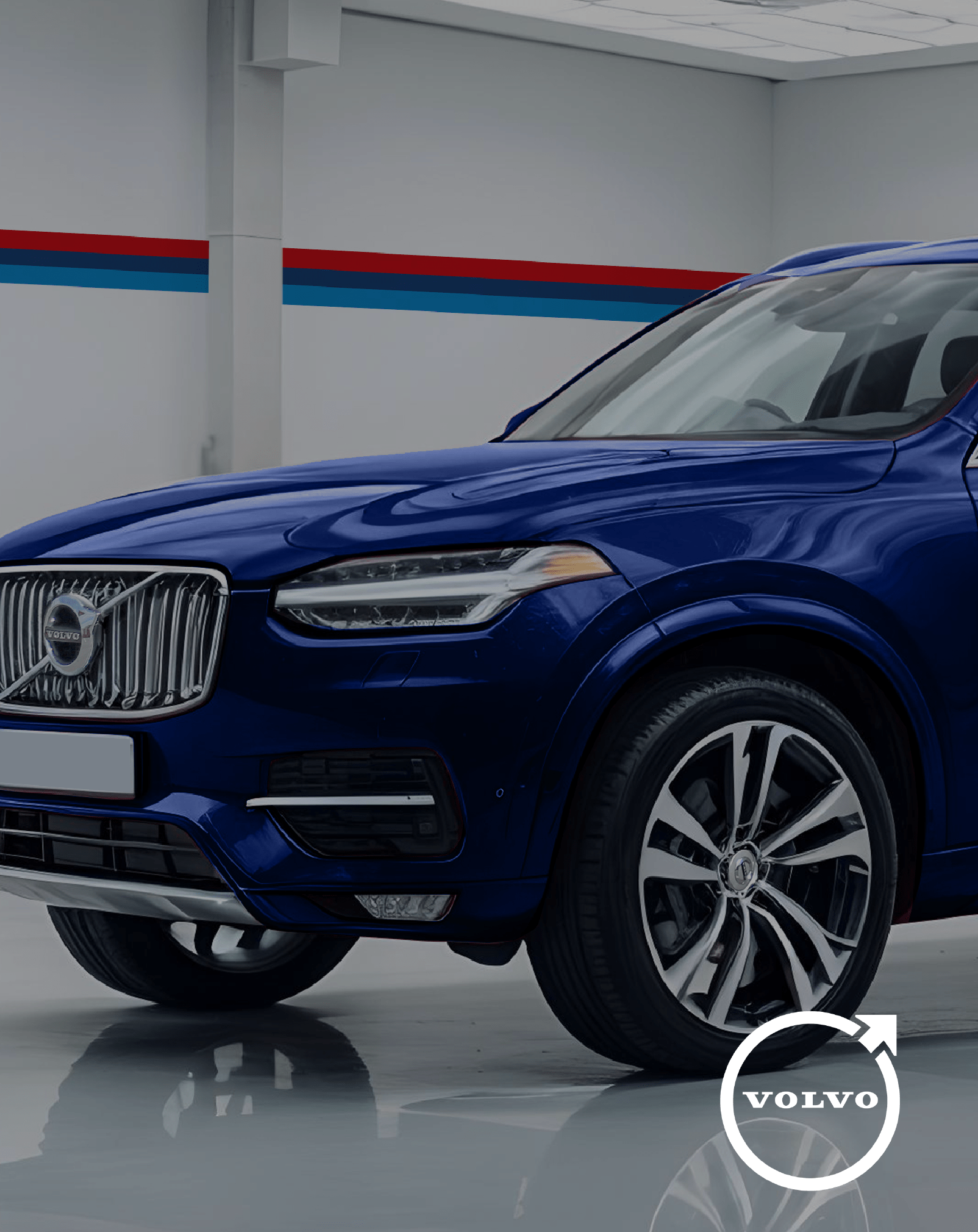 Blue Volvo SUV in showroom