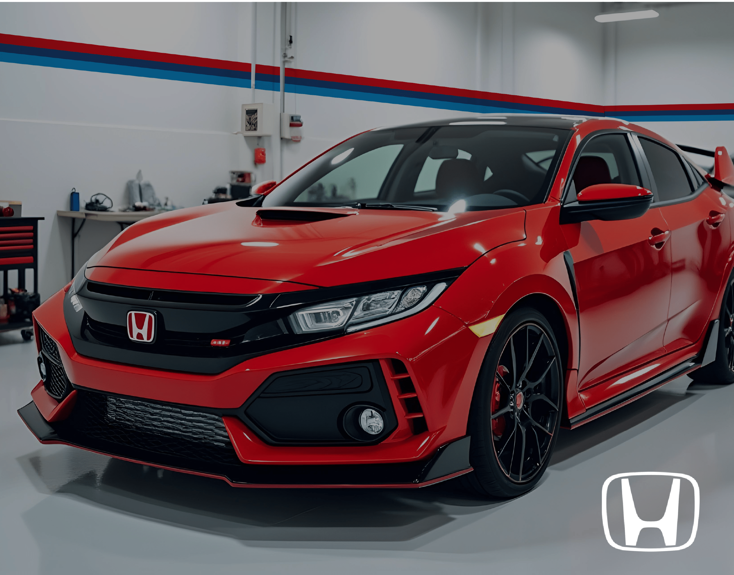 Red Honda Civic in garage