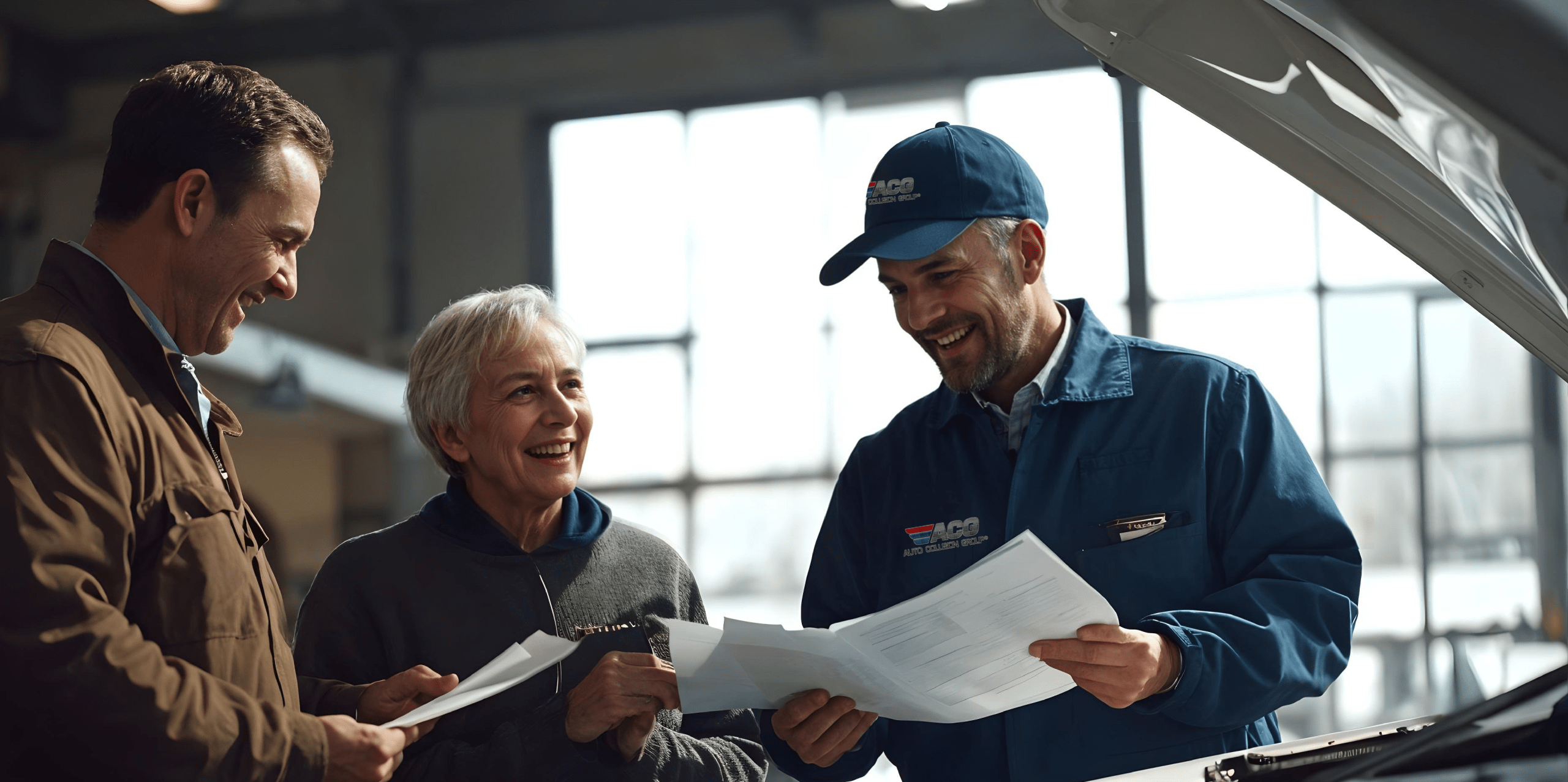 Mechanic discussing paperwork with customers