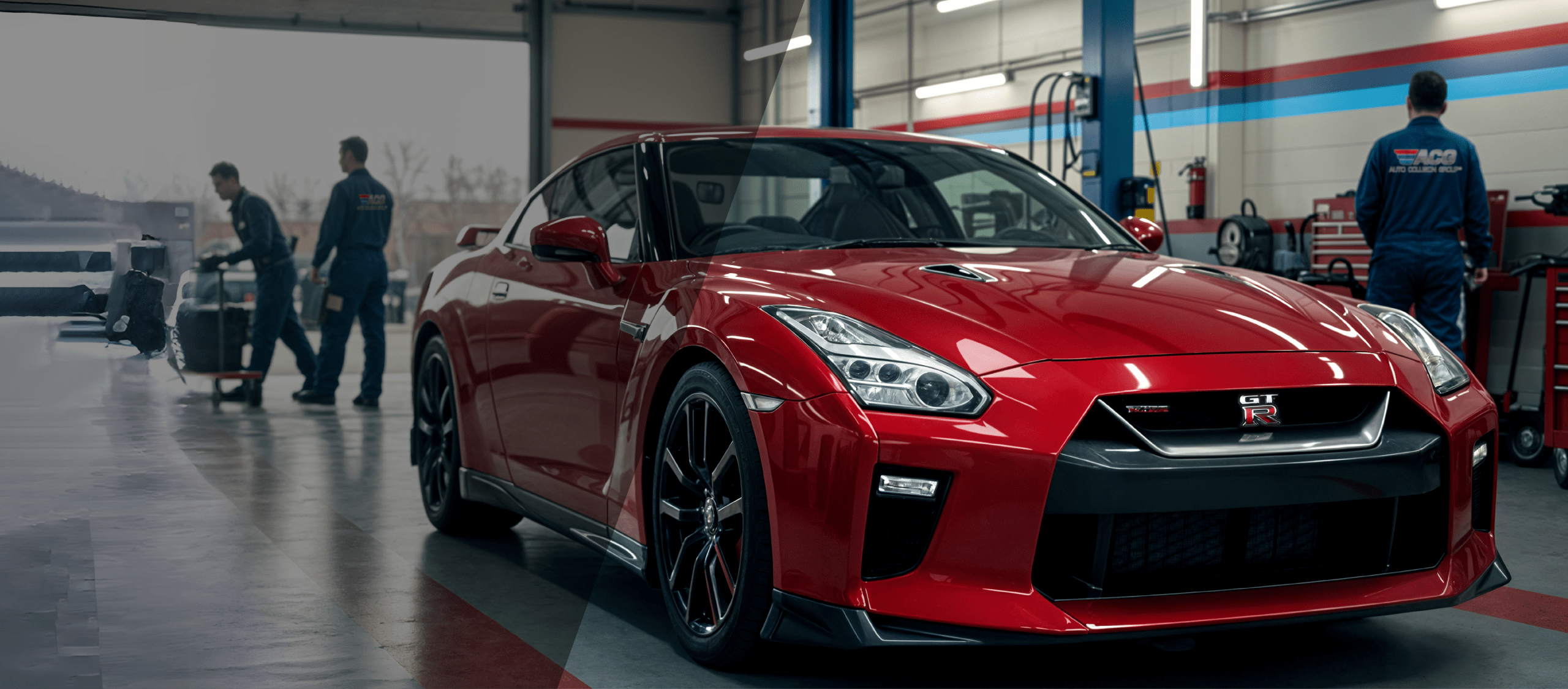 Red sports car in garage
