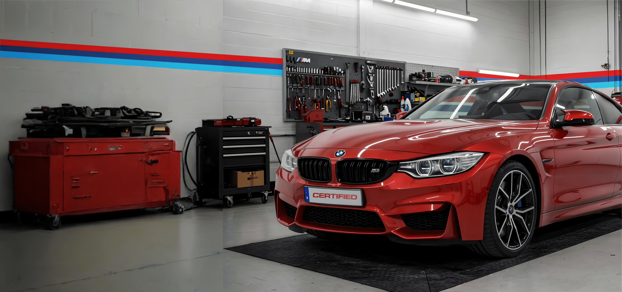 Red car in auto workshop